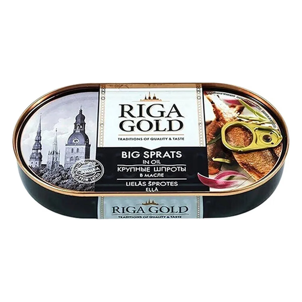 Шпроты крупные копчёные в масле Riga Gold